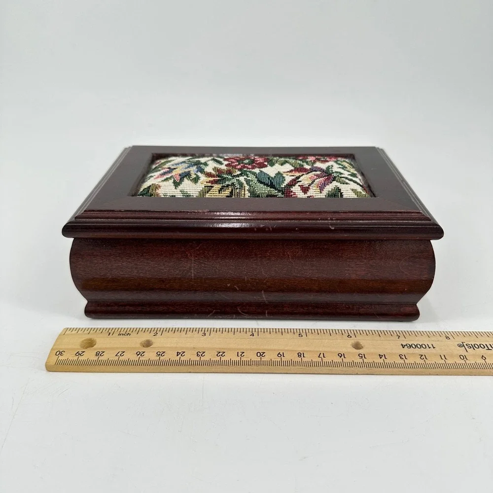 Vintage Floral Tapestry Wooden Jewelry Box Green‎ Velvet Lining Mirror Ring Roll